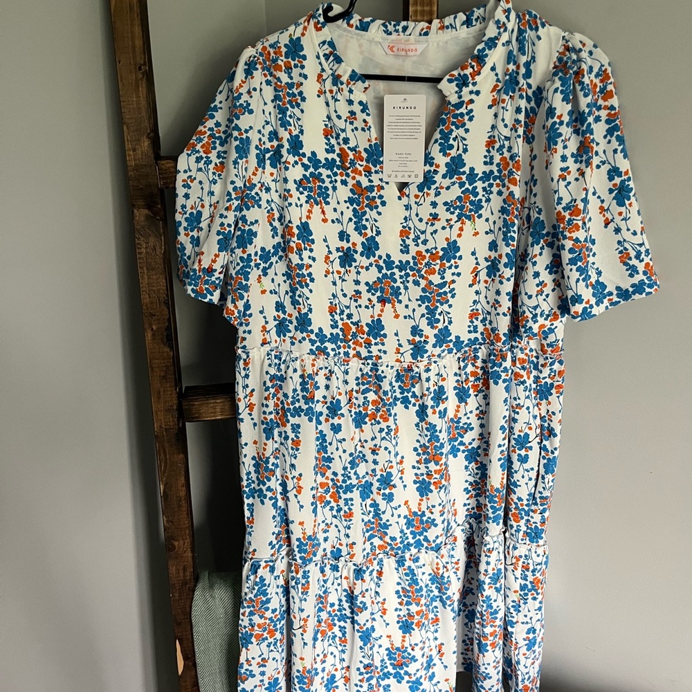 Floral Print Dress in Blue and Orange
